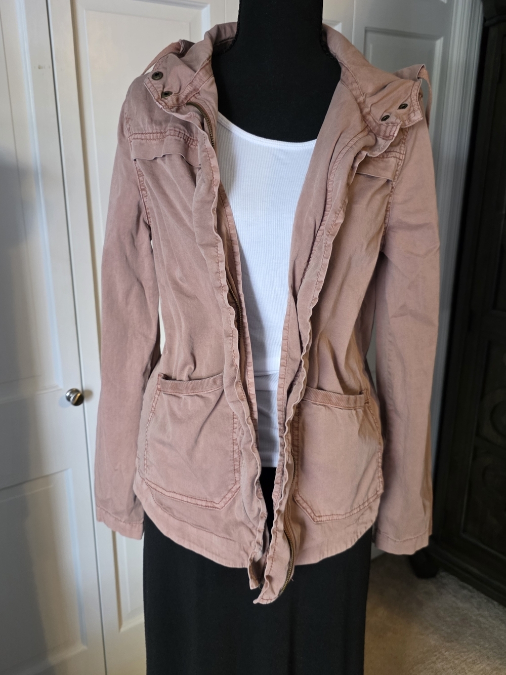 Blush Pink Hooded Cotton Utility Jacket Size Small